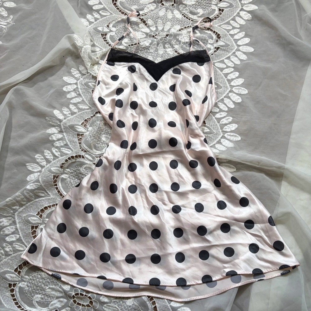 Y2K Vintage Lingerie Pink Black Polka Dot Satin Lace Trim Nightgown Small